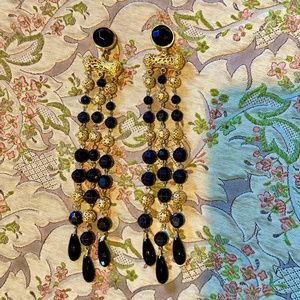 Vintage ’70’s - 7.5”  Shoulder Duster Earrings from NYC in Gold Filagree & Black